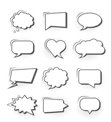 Fototapeta premium Set of simple empty comic speech bubbles with black halftone shadows.