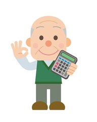 電卓と笑顔のおじいさん