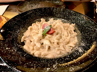 Campanelle Pasta with Cream, Mushroom and Powered Parmesen Cheese Powder.