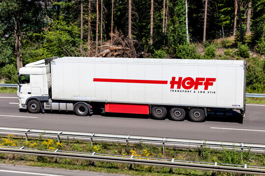 WIEHL, GERMANY - JUNE 26, 2020: Hoff DAF XF truck with temperature controlled trailer on motorway.