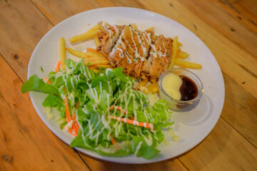 Fried Pork Steak with Sauce and Salad