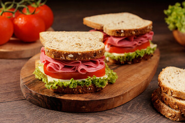 Whole grain bread sandwich with salami, tomato, cheese and fresh lettuce