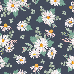Fototapeta na wymiar Summer cute hand drawn scandinavian style background seamless pattern with cottage garden flowers, roses, camomiles. Tender farmhouse summer pattern design for fabric, wallpaper, stationery