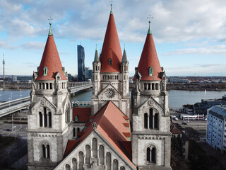 Fototapeta premium St. Francis of Assisi Church, Vienna, Aerial Drone view