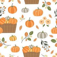 Harvest and pumpkin picking seamless pattern background for fabric, stationery, wallpaper, wrapping paper design.Fall and autumn digital repeating background in scandinavian vector style.
