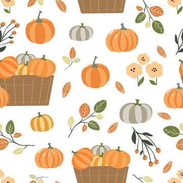 Harvest And Pumpkin Picking Seamless Pattern Background For Fabric, Stationery, Wallpaper, Wrapping Paper Design.Fall And Autumn Digital Repeating Background In Scandinavian Vector Style.