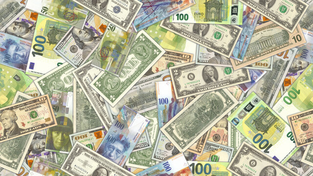 Illustration seamless pattern. Paper money of the world. Randomly scattered US, EU and Swiss banknotes with shadows. Dollars, euros and francs