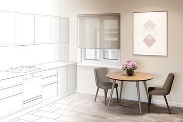 The sketch becomes a real kitchen interior with a window with blinds between a round table with two chairs and kitchen cabinets. There is a vertical poster on the wall above the table. 3d render