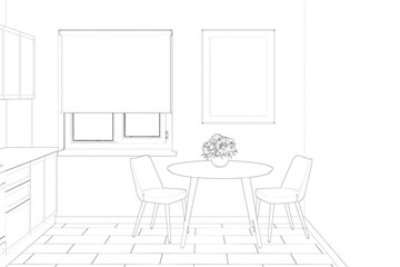 Sketch of the kitchen interior with a window with blinds between a round table with two chairs and kitchen cabinets. There is a vertical poster on the wall above the table. Front view. 3d render