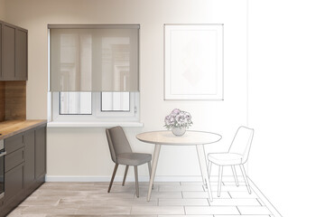 The sketch becomes a real kitchen interior with a window between a round table with two chairs and kitchen cabinets. There is a vertical poster on the wall above the table. Front view. 3d render