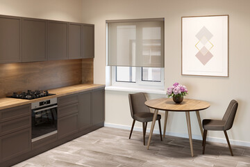 Beige kitchen interior with a window with blinds between a round table with two chairs and kitchen cabinets. There is a vertical poster on the wall above the table. 3d render