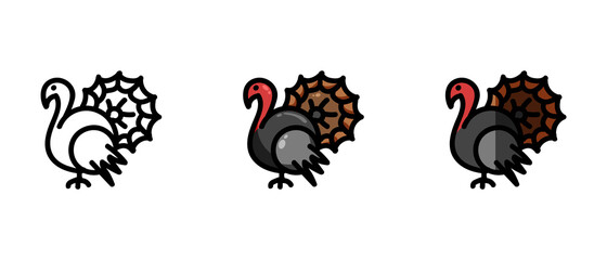This is a set of icons with a different style of turkey. Contour and colored symbols of turkey. Freehand drawing. Stylish solution for a website.