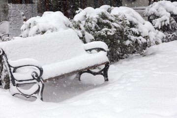 Snowfall. Urban streets and parks during a heavy snowfall in winter.