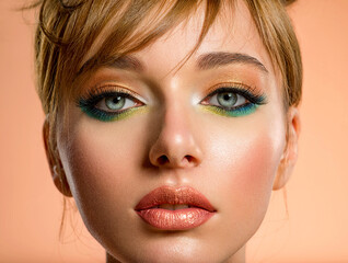Face of an young girl close-up with a green color makeup. Stylish makeup.