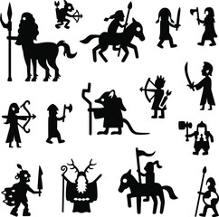 Vector set of medieval fantasy character icon silhouettes. Includes a centaur, a goblin, a rat monk, a mounted knight, elves, an orc and more.