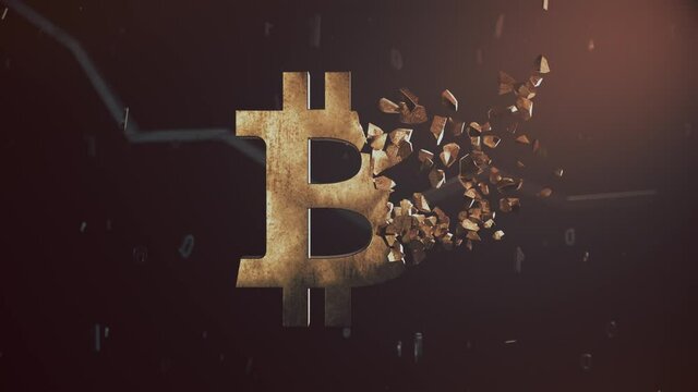 Old rusty bitcoin logo crushing into small pieces video animation