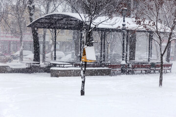 Fototapeta premium Odessa, Ukraine - January 16, 2018: Bird feeder in winter city park during snowfall