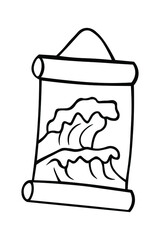 Japanese traditional symbol picture with waves, scroll in ink Isolated on white background. Hand drawn vector decorative element for decoration, postcard, flyer, banner or website