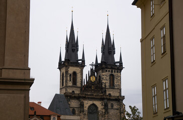 Fototapeta premium The spires of the Church of Our Lady before Tyn in Prague, Czechia
