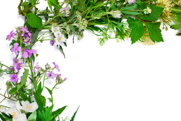 Beautiful flower garland with colorful flowers isolated on a white background. Midsummer celebration concept, summer decoration.