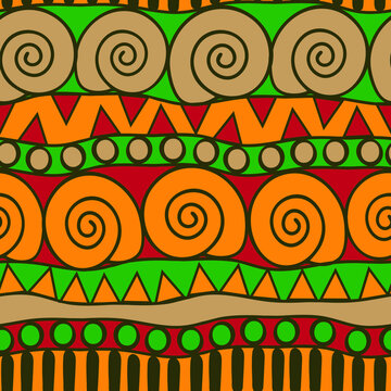 Seamless vector pattern texture with African style. Reggae wallpaper design with green and yellow colours. Tribal fashion textile.