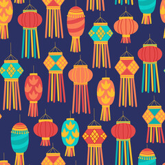 Seamless pattern for Diwali Hindu festival with cute lantern. Childish print for wrapping paper, background and wallpaper. Vector illustration