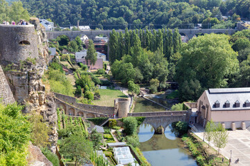 Fototapeta na wymiar Luxembourg city, aerial view of the Old Town and Grund