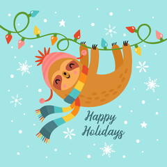 Christmas holiday greeting card design with cute sloth character. Childish print for cards, stickers, apparel and nursery decoration. Vector Illustration © girafchik