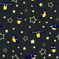 Seamless vector pattern with birds and stars on grey background. Simple sparrow wallpaper design for children. Fun cartoon fashion textile.