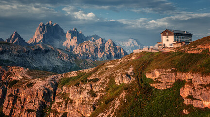 Awesome alpine highlands during sunset. Scenic image of  Tre Cime Di Lavaredo National Park the one most popular location for landscape photographers and best travel and hiking plases of world © jenyateua