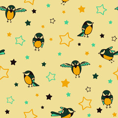 Seamless vector pattern with sparrow bird and stars on yellow background. Simple tomtit wallpaper design for children. Cute baby fashion textile.