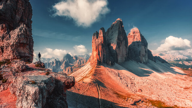 Amazing mountain scenery in sunny day. Scenic image of Tre Cime Di Lavaredo National Park the one most popular location for landscape photographers and best travel and hiking plases of world