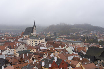 A foggy october morning in the town of Cesky Krumlov in the Czech Republic