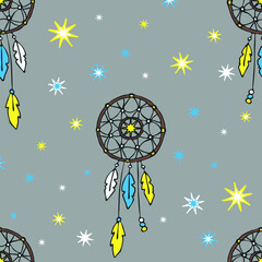 Seamless vector pattern with dream catcher and stars on grey background. Simple talisman wallpaper design. Gypsy fashion textile.