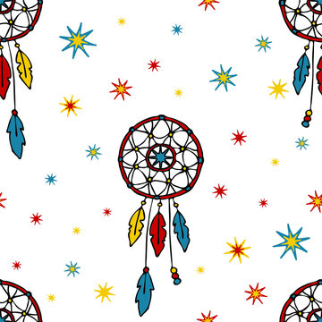 Seamless vector pattern with dream catcher on white background. Decorative wallpaper design for children. Gypsy fashion textile.
