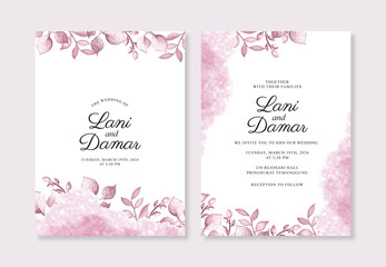 Wedding invitation templates with watercolor plants and splashes