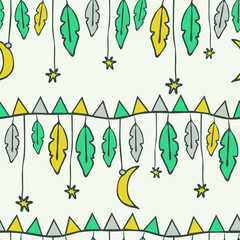 Seamless vector pattern with feathers and stars on white background. Simple nursery wallpaper design for children. Tribal fashion textile.