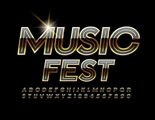 Vector luxury poster Music Fest. Gold and Black glossy Font. Chic shiny Alphabet Letters and Numbers set