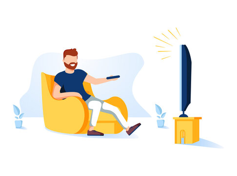 Cartoon vector illustration of man sitting on the couch and watching TV. Funny characters on isolated background.