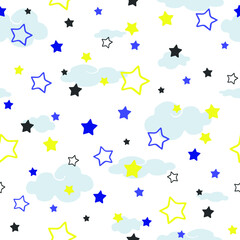 Seamless vector pattern with stars and clouds on white background. Simple night sky wallpaper design for children. Baby shower fashion textile.