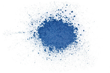 Heap of powdered blue matcha tea isolated on a white background. Top view. Macro photography.