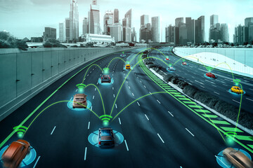 Autonomous car sensor system concept for safety of driverless mode car control . Future adaptive cruise control sensing nearby vehicle and pedestrian . Smart transportation technology .