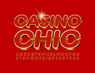 Vector premium logo Casino Chic. 3D Red and Gold Font. Textured elite Alphabet Letters and Numbers set