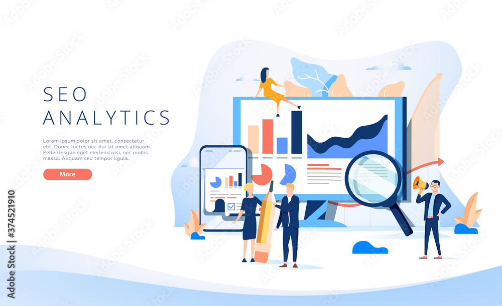 Wall mural landing page template of seo analytics team. modern flat design concept of web page design for websi