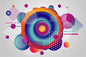Color vortex and whirlpool. Abstract background with geometric patterns. Twisted volume shape with vibrant gradient and flat particles. Chaotic structure. Vector horizontal banner.