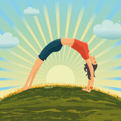 Young girl is making exercise on the nature. Woman yoga asana poses. Vector art. Healthy lifestyle cartoon illustration.