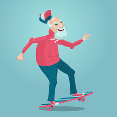 Grandpa on a skate. Old man is skating. Cartoon character design. Adult man sport activity. Retirement healthy lifestyle.