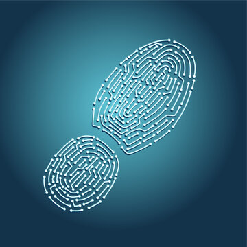 Digital tracking concept. Footprint with chip pattern. Computer identity vector illustration. Biometric information protection.