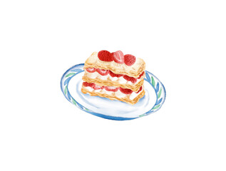 Watercolor Illustration of French style dessert - Napoleon Cake, made of very thin and flaky puff pastry cake layers and a smooth, rich and luscious pastry cream and fresh strawberries in between