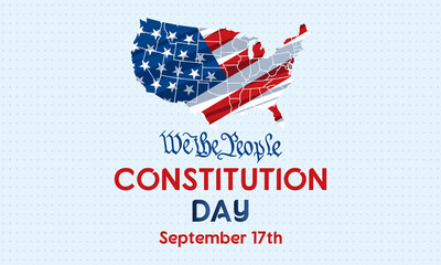 Constitution Day in United States. Celebrate annual in September 17. We the People text. Patriotic stars and flag elements. Poster, banner, background design. 